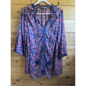 Jessica London Womens Floral Sheer Blouse w/ Bell Sleeves Blue & Pink Size 20W